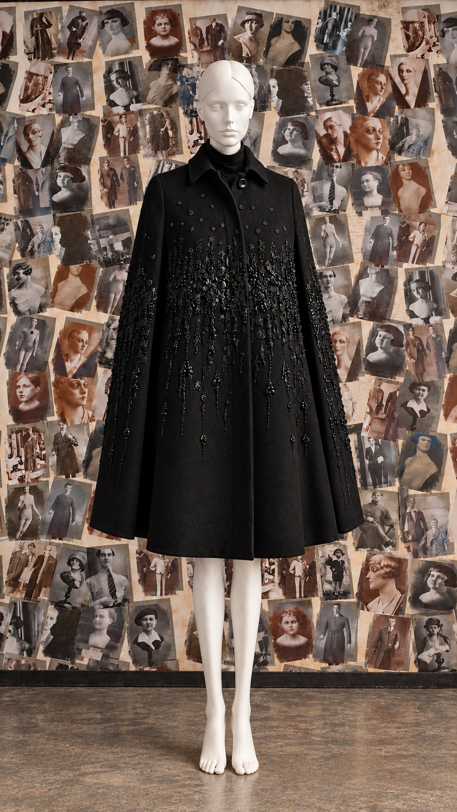 a black cape embroidered with black beads on a mannequin, in front of a wall of old photographs
