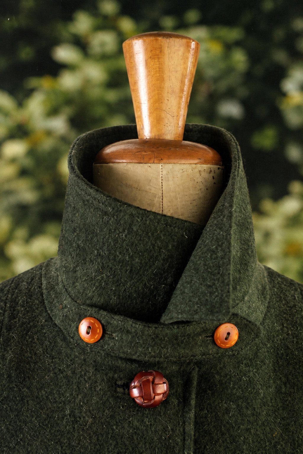 detail of a dark green loden collar on a wooden tailor's form, with orange and leather buttons, against flowering bushes