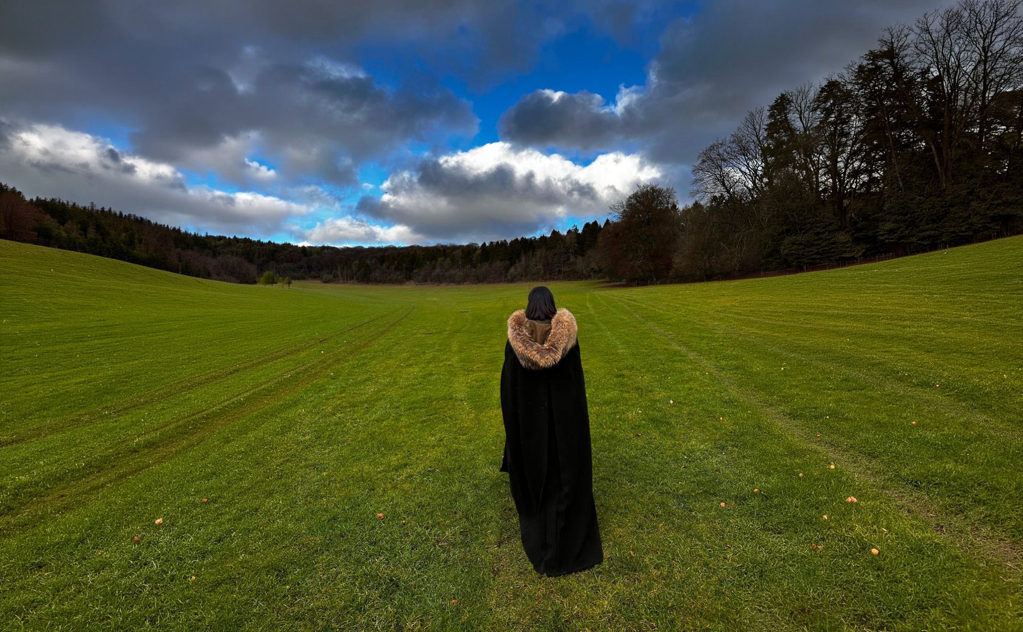 A woman seen from behind in a long black cape with a fur hood, looking out over a wide green field towards the forest