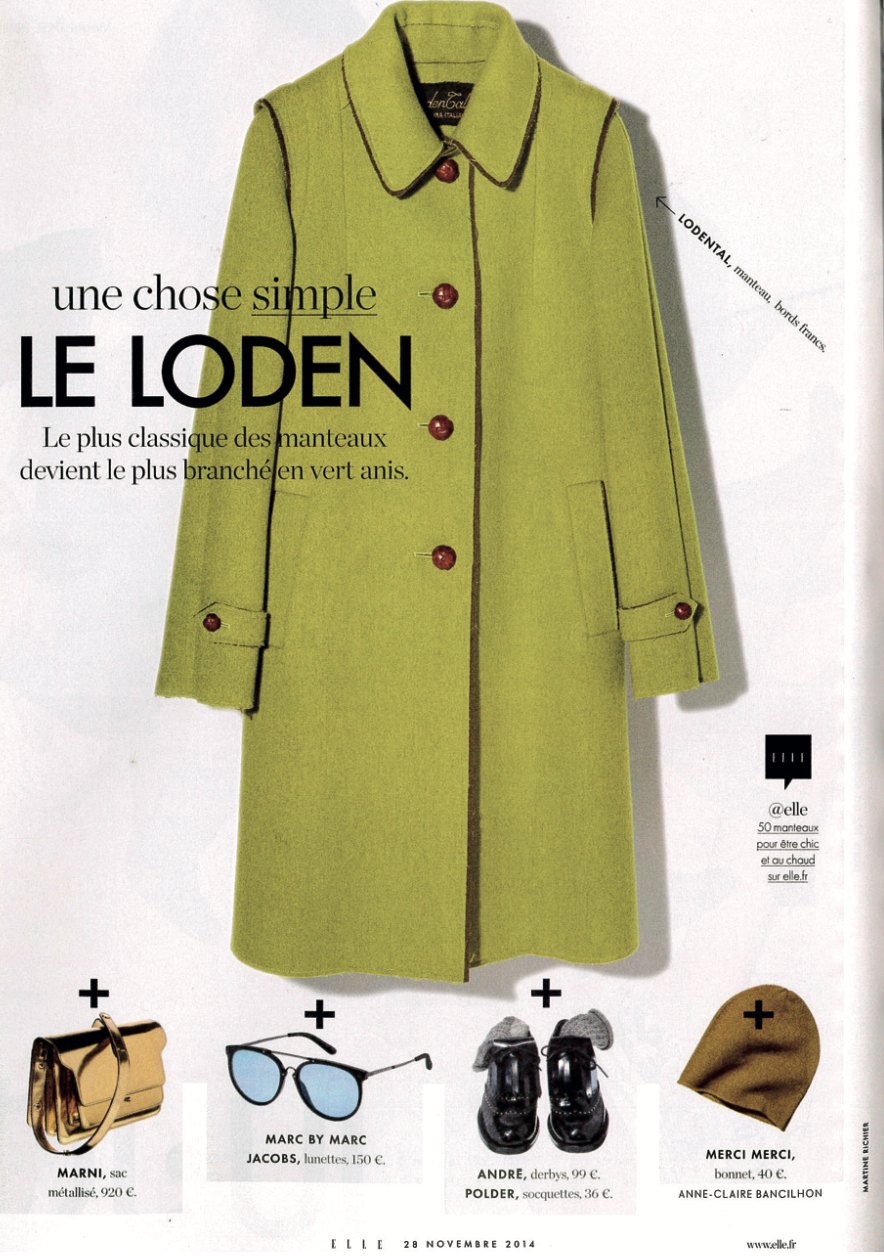 ELLE page showing a lime green LodenTal coat under the headline Le loden