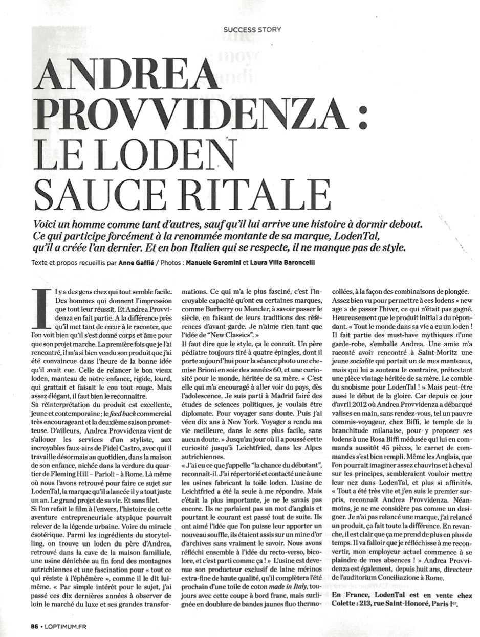 L'Optimum article: Andrea Provvidenza, le loden sauce ritale