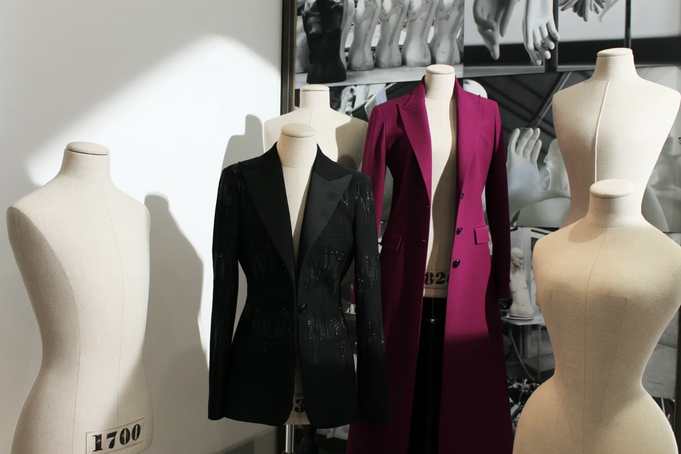 a black jacket and a magenta coat on mannequins in a studio